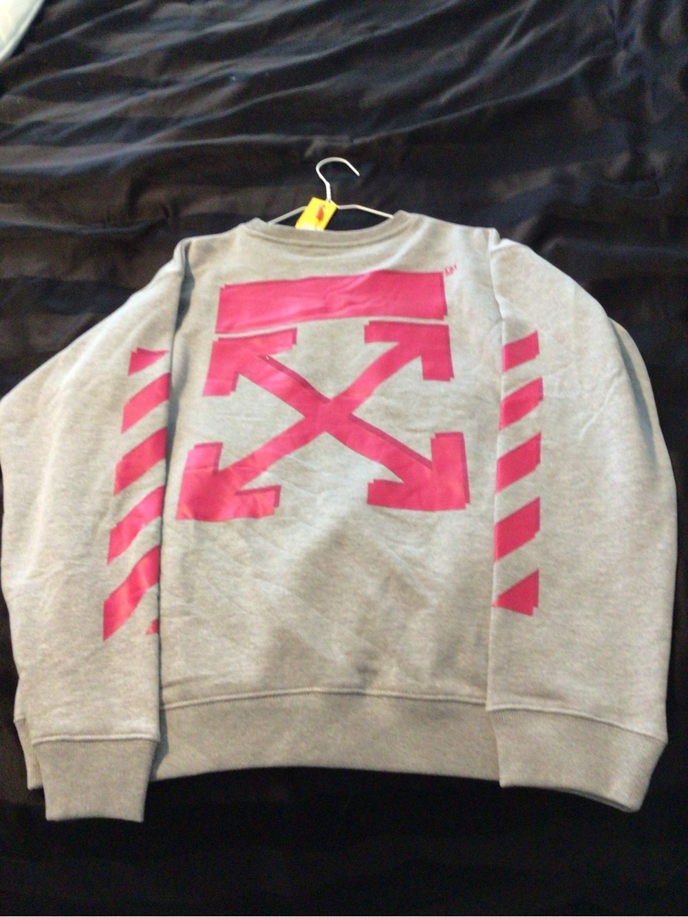 Off-White Gray Crewneck Sweatshirt with Pink Arrow Motif